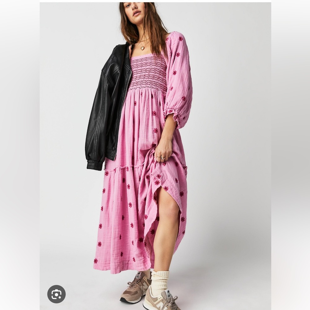 Free People Dahlia Embroidered Gauzy Smocked Puff Sleeve Maxi Dress